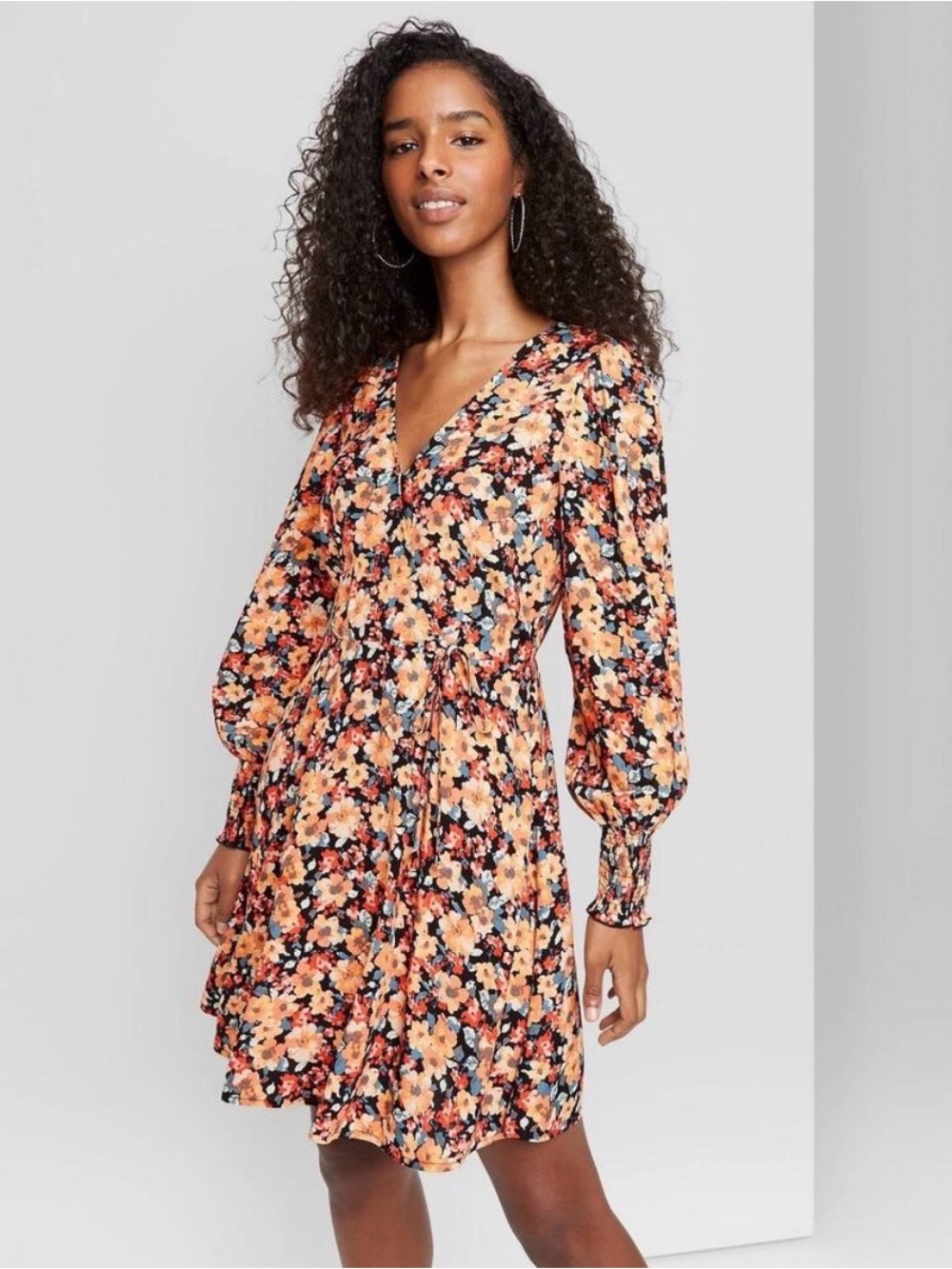 Wild Fable Floral Long Sleeve Wrap Dress Smocked Size M